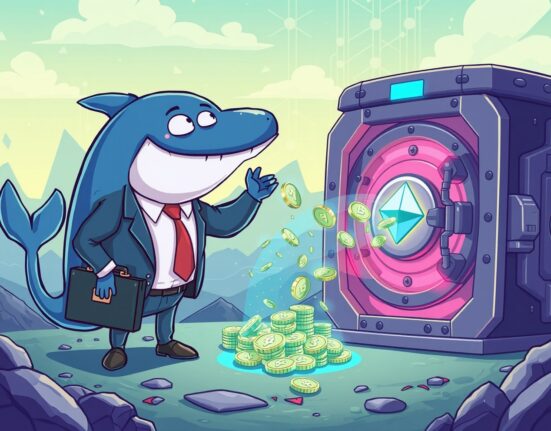 Cartoon of a whale depositing Ethereum, illustrating the massive BlackRock Ethereum ETF institutional move.