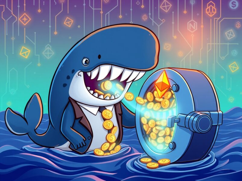 Cartoon of a whale depositing Ethereum, illustrating the massive BlackRock Ethereum ETF institutional move.