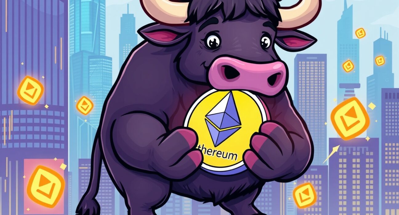 A cartoon bull holding an Ethereum coin, symbolizing BlackRock's revolutionary Ethereum staking ETF filing.