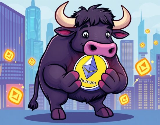 A cartoon bull holding an Ethereum coin, symbolizing BlackRock's revolutionary Ethereum staking ETF filing.
