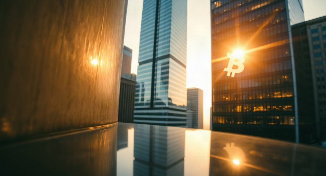 BlackRock headquarters building in a financial district, symbolizing institutional Bitcoin investment