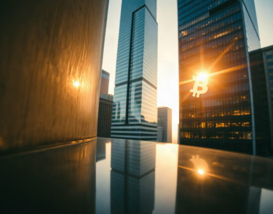 BlackRock headquarters building in a financial district, symbolizing institutional Bitcoin investment
