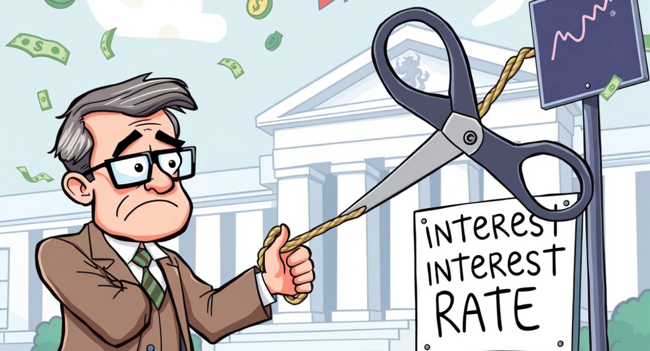 A cartoon illustration depicting a financial expert advocating for bold Fed rate cuts, gesturing towards a central bank.
