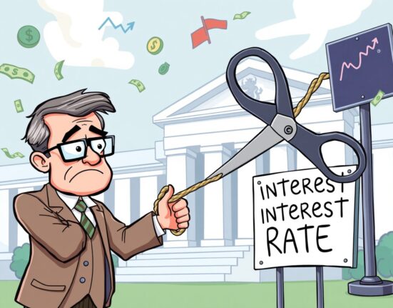 A cartoon illustration depicting a financial expert advocating for bold Fed rate cuts, gesturing towards a central bank.