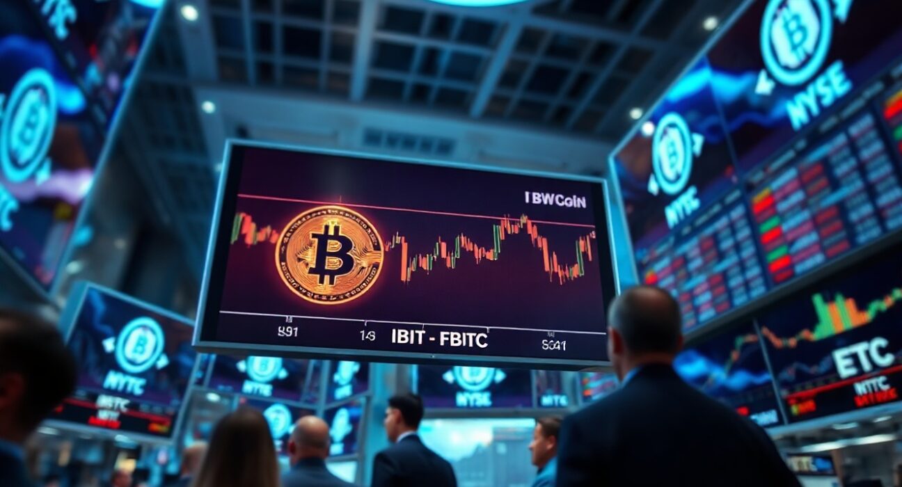 Trading floor with digital screens showing Bitcoin and ETF data, highlighting BlackRock and Fidelity dominance.