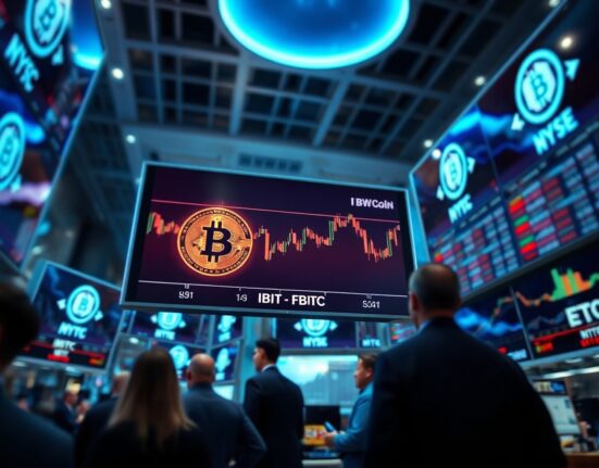 Trading floor with digital screens showing Bitcoin and ETF data, highlighting BlackRock and Fidelity dominance.