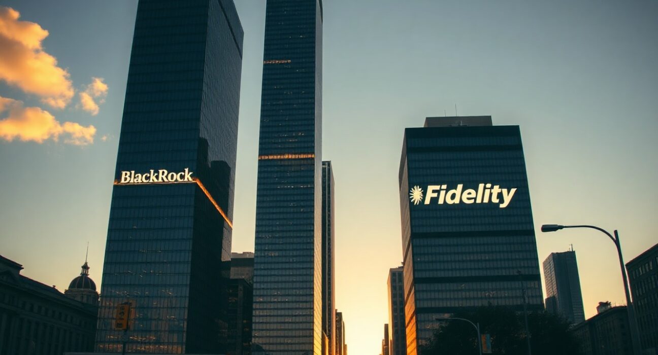 BlackRock and Fidelity skyscrapers in a financial district at dawn, symbolizing their dominance in the Bitcoin ETF market.