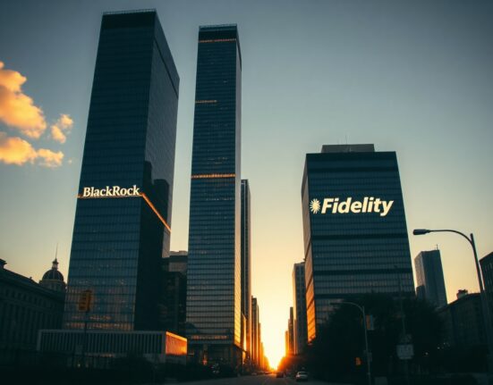 BlackRock and Fidelity skyscrapers in a financial district at dawn, symbolizing their dominance in the Bitcoin ETF market.