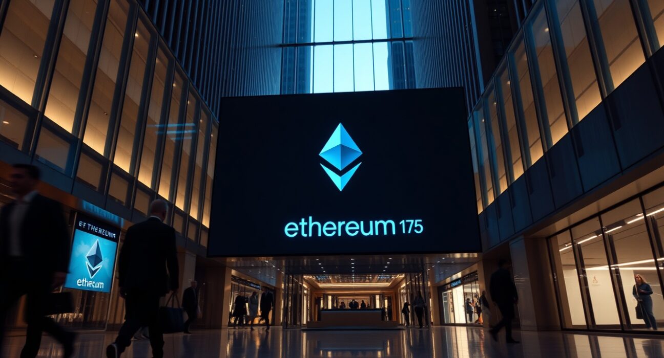 Institutional finance building lobby with Ethereum logo on a large digital display, representing crypto asset management.