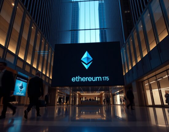 Institutional finance building lobby with Ethereum logo on a large digital display, representing crypto asset management.