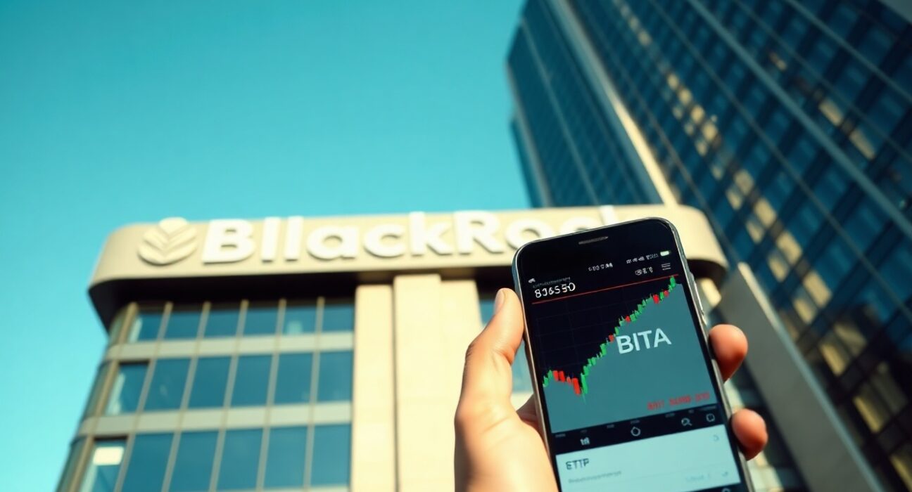 BlackRock headquarters building with smartphone showing BITA ETF trading app chart