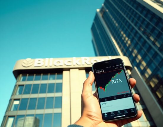 BlackRock headquarters building with smartphone showing BITA ETF trading app chart