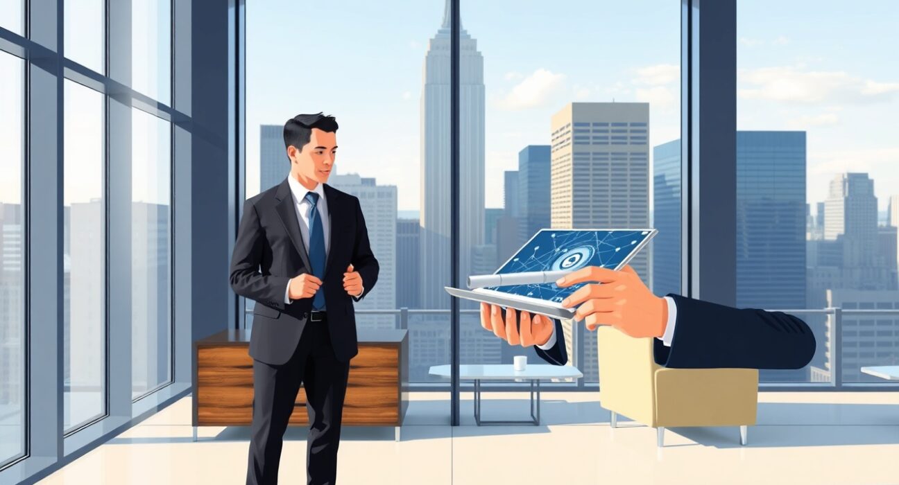 BlackRock executive reviewing digital asset strategy with blockchain visualization in professional setting