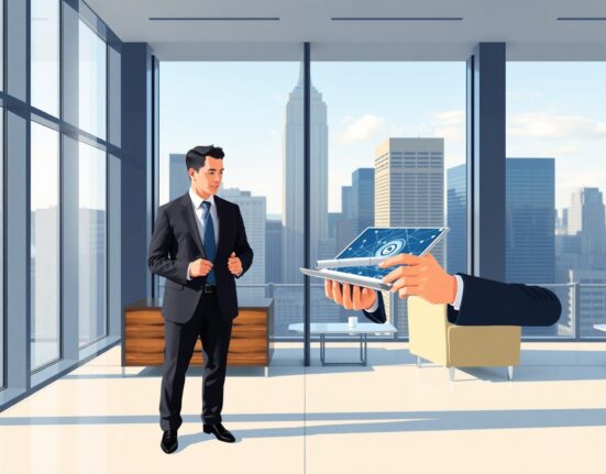 BlackRock executive reviewing digital asset strategy with blockchain visualization in professional setting