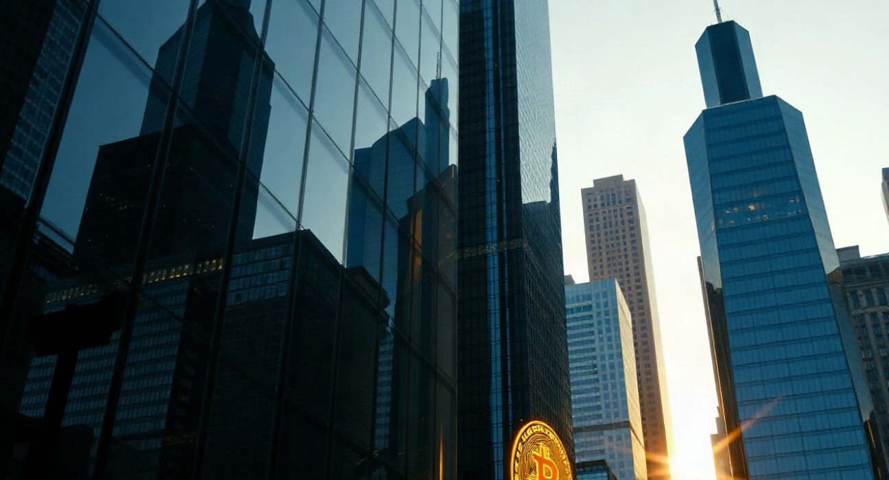 BlackRock IBIT Bitcoin ETF conversion trend illustration with financial district skyline