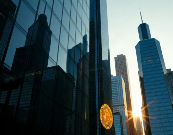 BlackRock IBIT Bitcoin ETF conversion trend illustration with financial district skyline