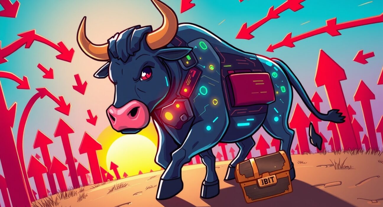 A resilient bull representing the BlackRock IBIT Bitcoin ETF confidently moving forward despite a market storm.