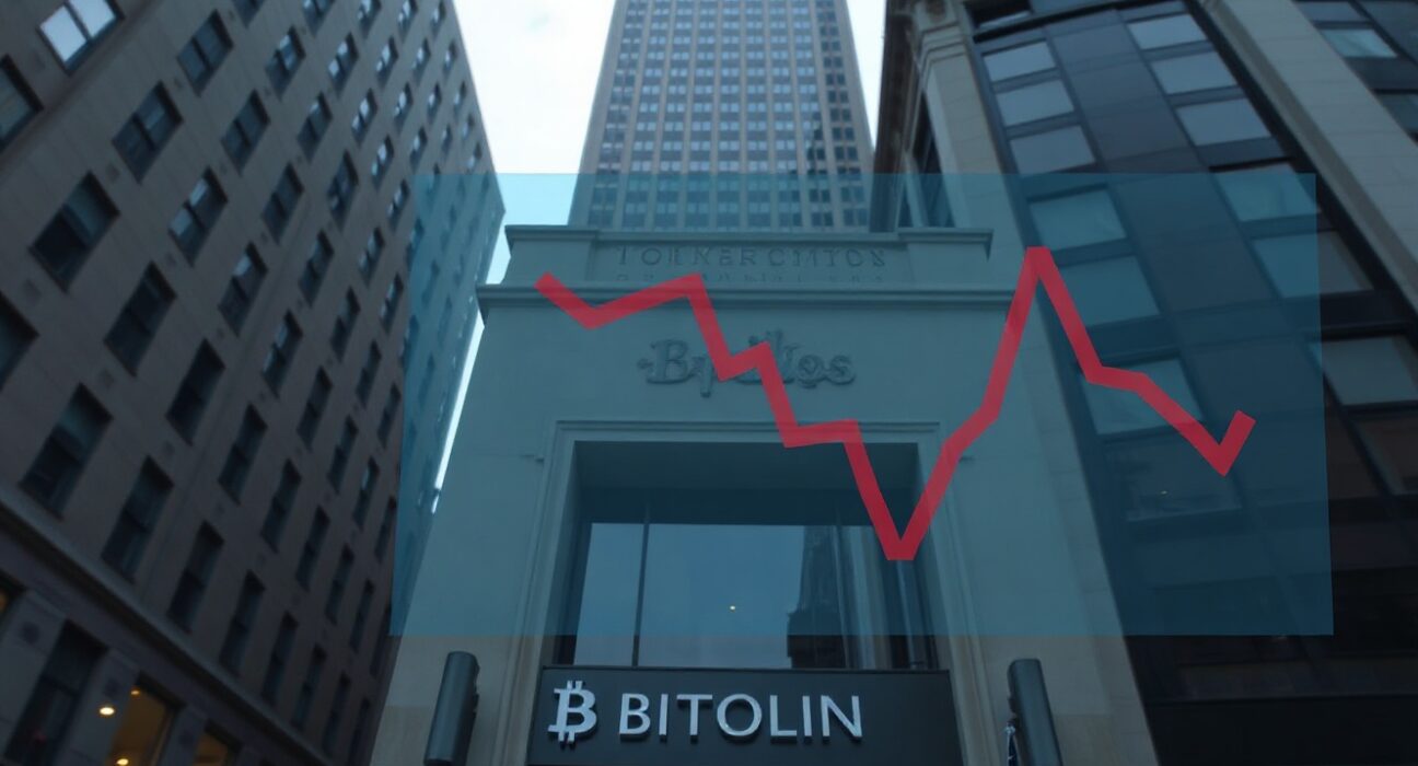 Exterior of a modern financial building under overcast skies with a subtle red downward arrow on glass, representing sustained outflows from BlackRock's Bitcoin ETF.