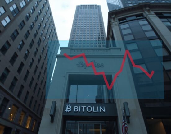 Exterior of a modern financial building under overcast skies with a subtle red downward arrow on glass, representing sustained outflows from BlackRock's Bitcoin ETF.