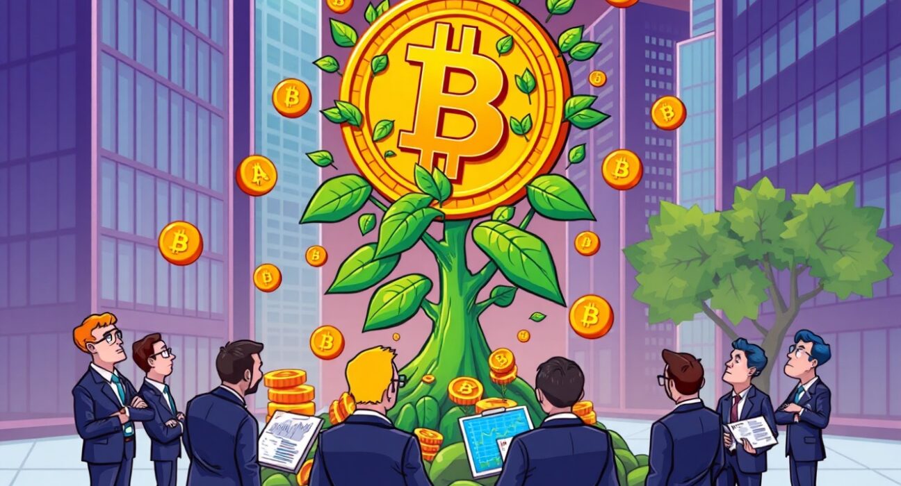 Growing institutional investment in BlackRock IBIT Bitcoin ETF shown through vibrant financial cartoon