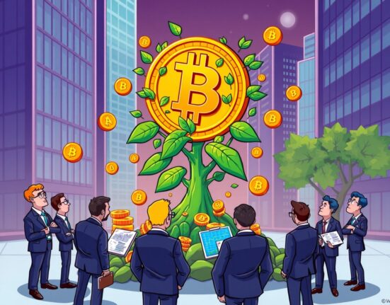 Growing institutional investment in BlackRock IBIT Bitcoin ETF shown through vibrant financial cartoon