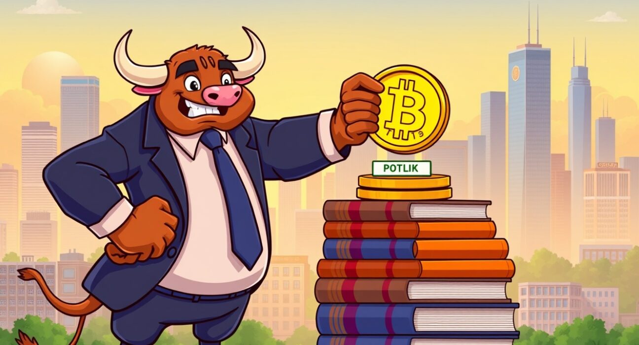A powerful bull places a Bitcoin coin on a stack of portfolios, symbolizing BlackRock's IBIT as a top 2025 investment theme.