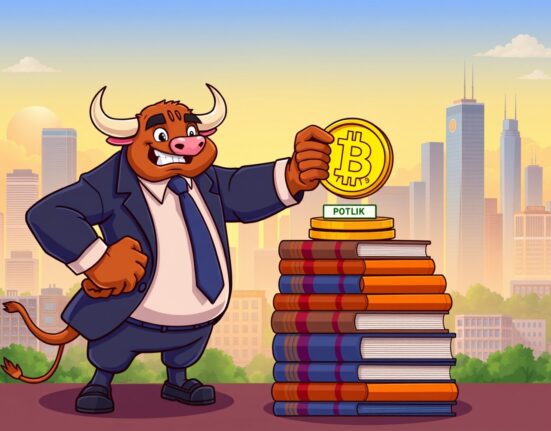 A powerful bull places a Bitcoin coin on a stack of portfolios, symbolizing BlackRock's IBIT as a top 2025 investment theme.