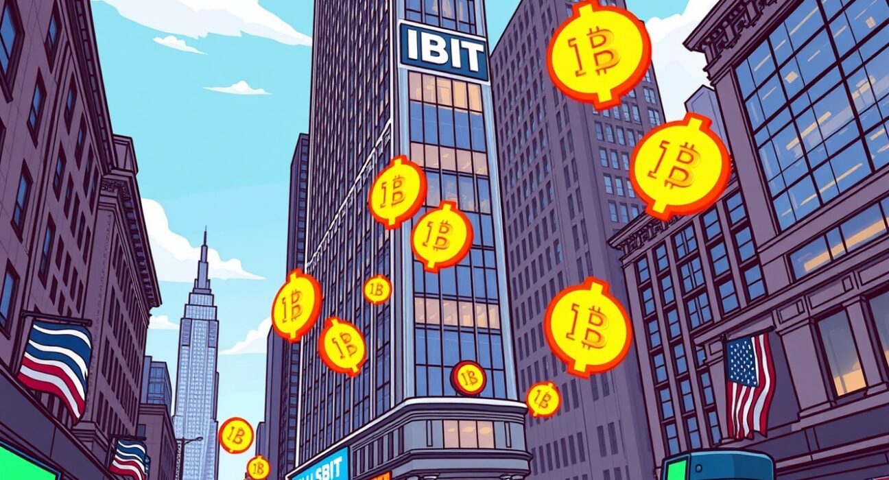 Cartoon illustration of the stunning rise of IBIT options as a major financial instrument on Wall Street.