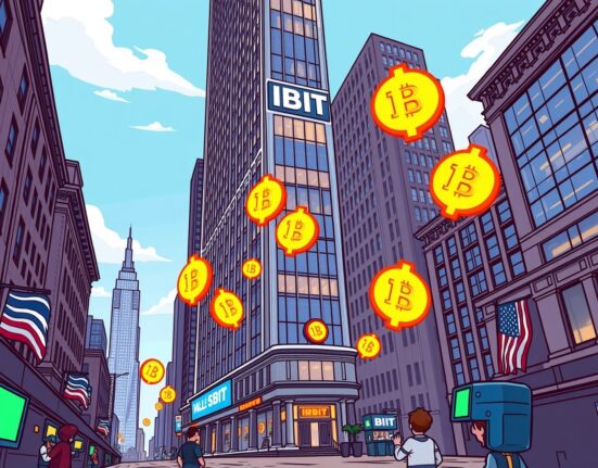 Cartoon illustration of the stunning rise of IBIT options as a major financial instrument on Wall Street.