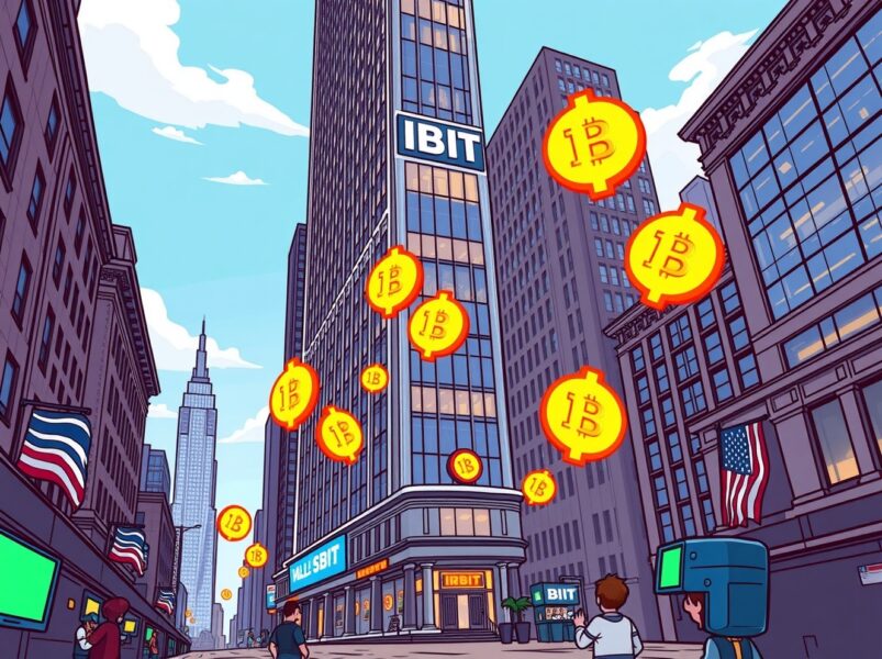 Cartoon illustration of the stunning rise of IBIT options as a major financial instrument on Wall Street.