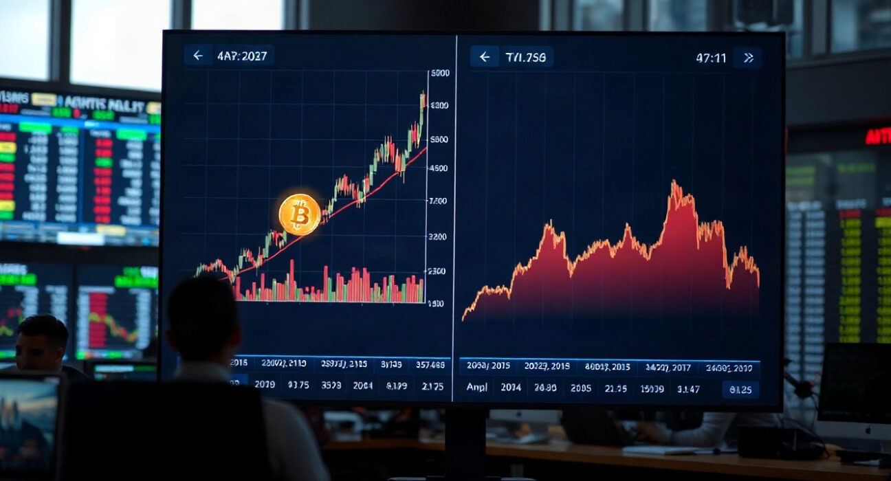 Comparison of BlackRock IBIT and Vanguard VOO performance charts on a digital display