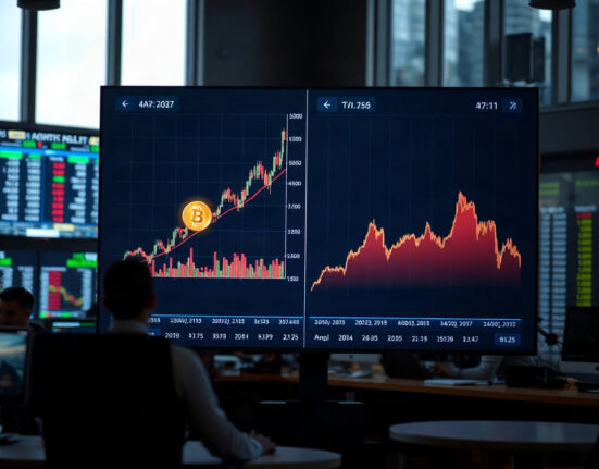 Comparison of BlackRock IBIT and Vanguard VOO performance charts on a digital display
