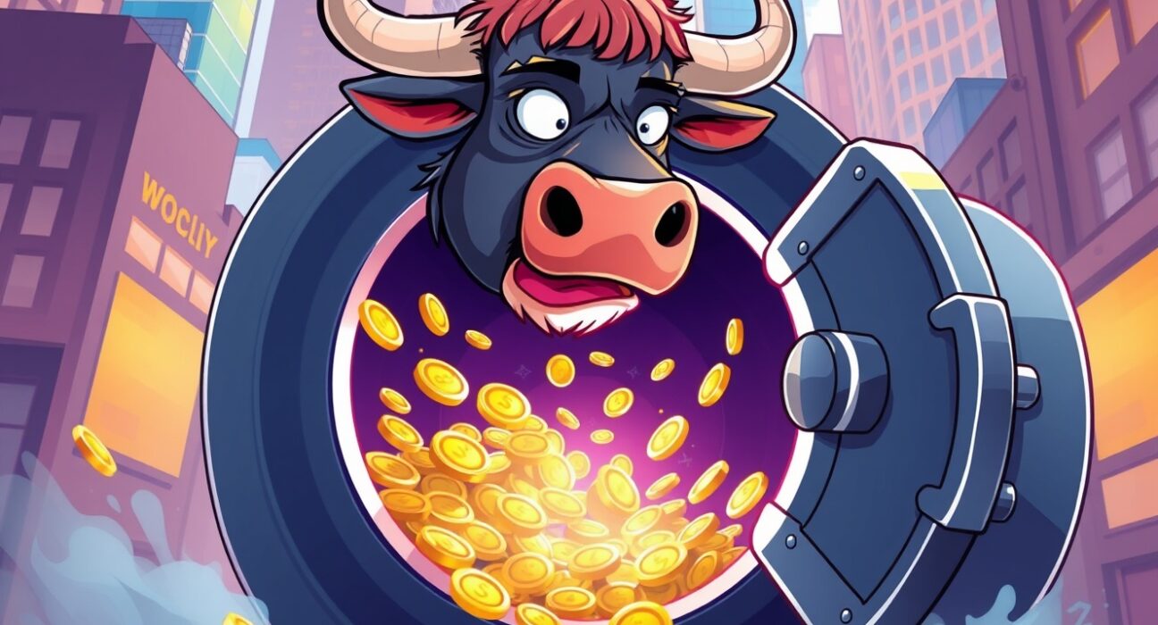 Cartoon illustration of BlackRock IBIT outflows showing coins leaving a financial vault.