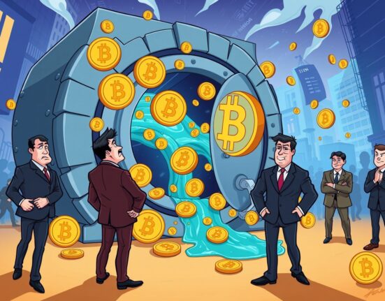 BlackRock IBIT outflows depicted as Bitcoin flowing from institutional vault with concerned investors