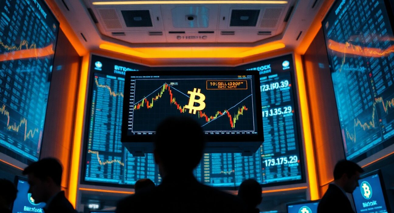 Trading floor with screens showing Bitcoin price charts and BlackRock IBIT ETF data