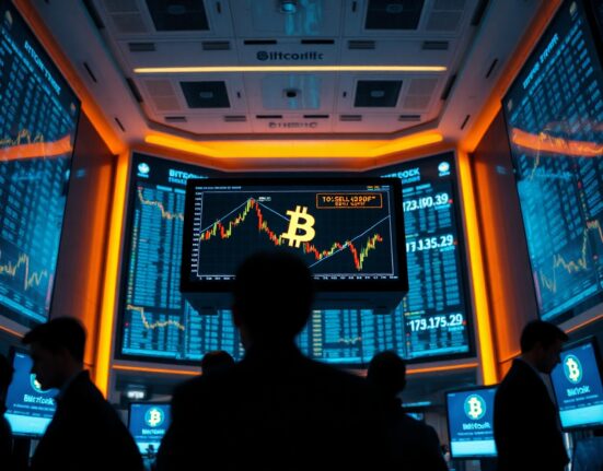 Trading floor with screens showing Bitcoin price charts and BlackRock IBIT ETF data
