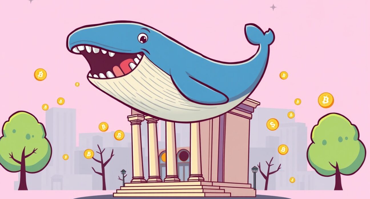 A cartoon whale symbolizing BlackRock's massive IBIT trading volume leaping over traditional finance.