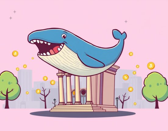 A cartoon whale symbolizing BlackRock's massive IBIT trading volume leaping over traditional finance.