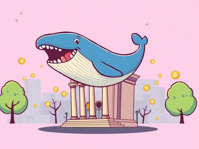 A cartoon whale symbolizing BlackRock's massive IBIT trading volume leaping over traditional finance.