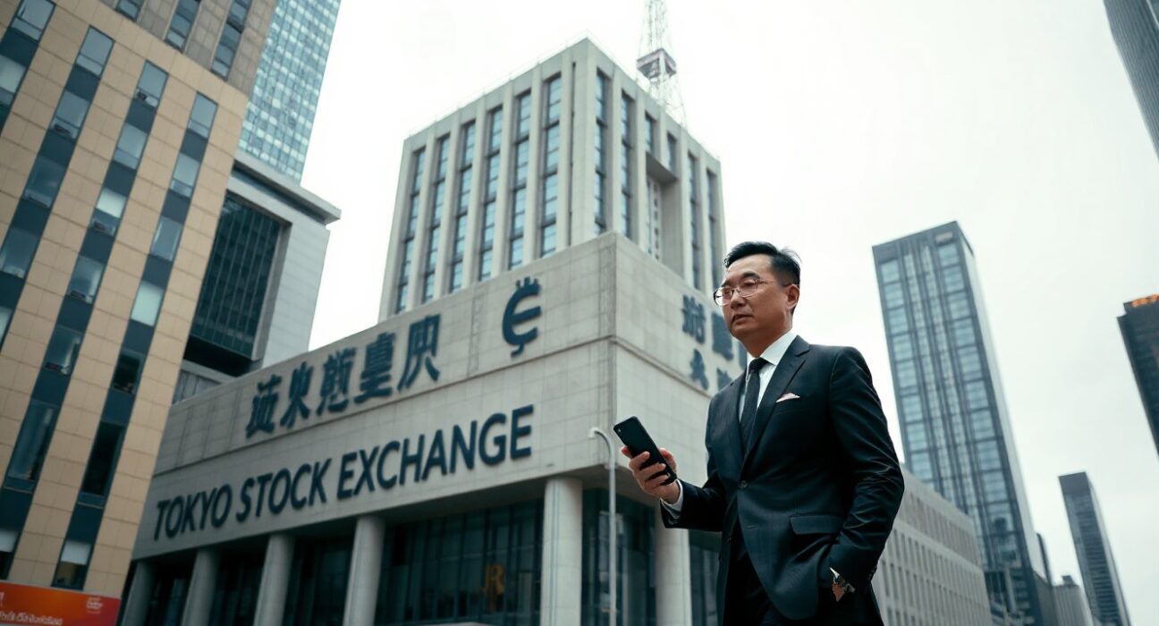 Tokyo Stock Exchange building with businessman checking bitcoin chart on smartphone