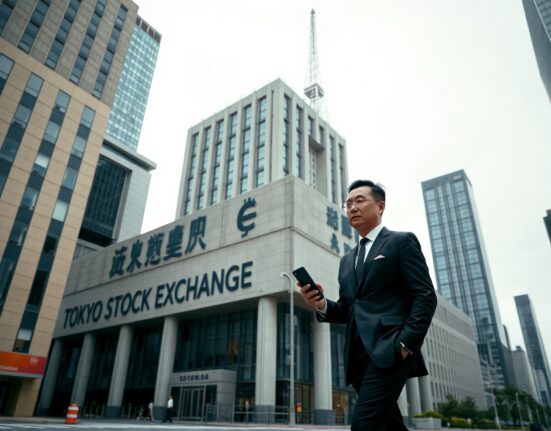 Tokyo Stock Exchange building with businessman checking bitcoin chart on smartphone