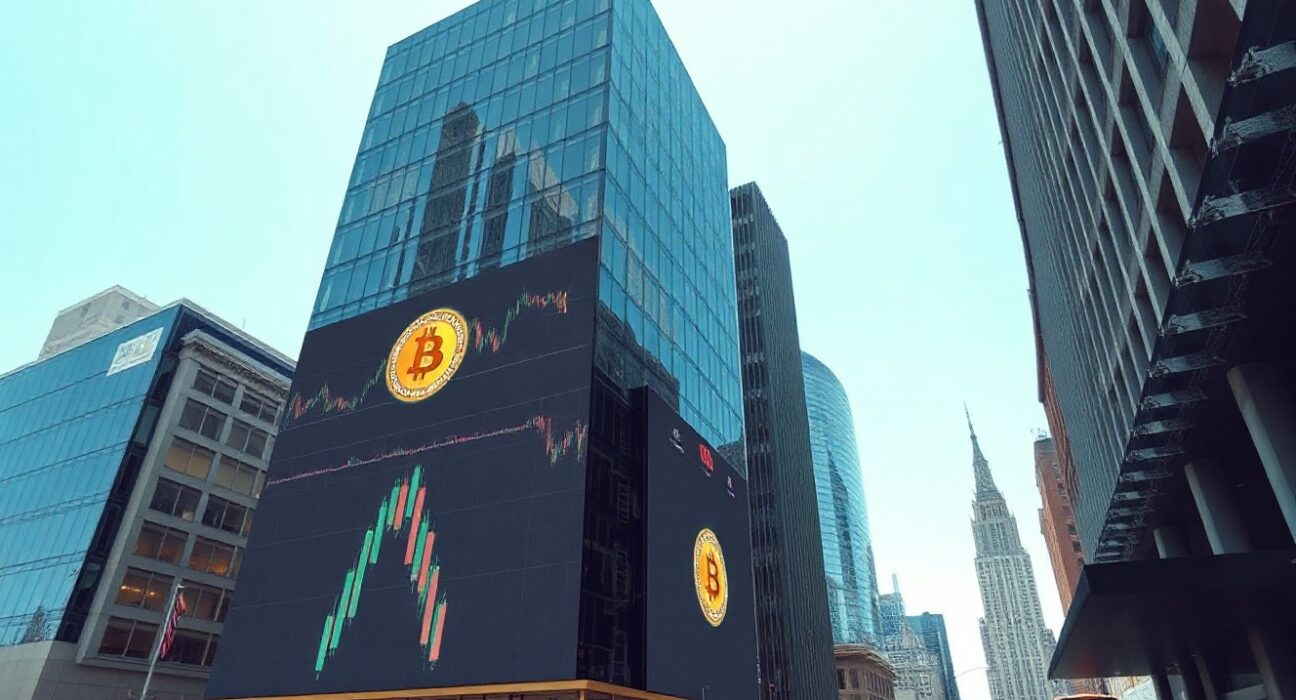 BlackRock lowers Bitcoin ETF in-kind conversion minimum to $1M, seen in a professional financial district setting.
