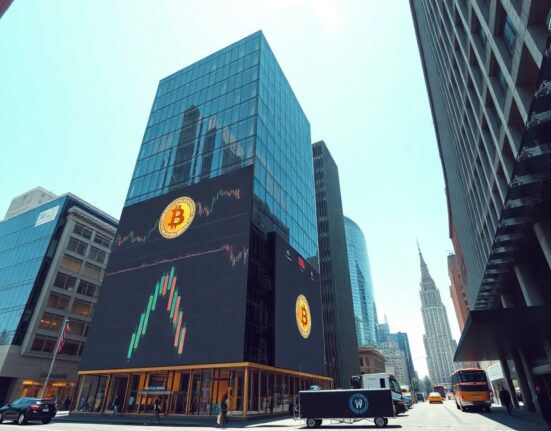 BlackRock lowers Bitcoin ETF in-kind conversion minimum to $1M, seen in a professional financial district setting.