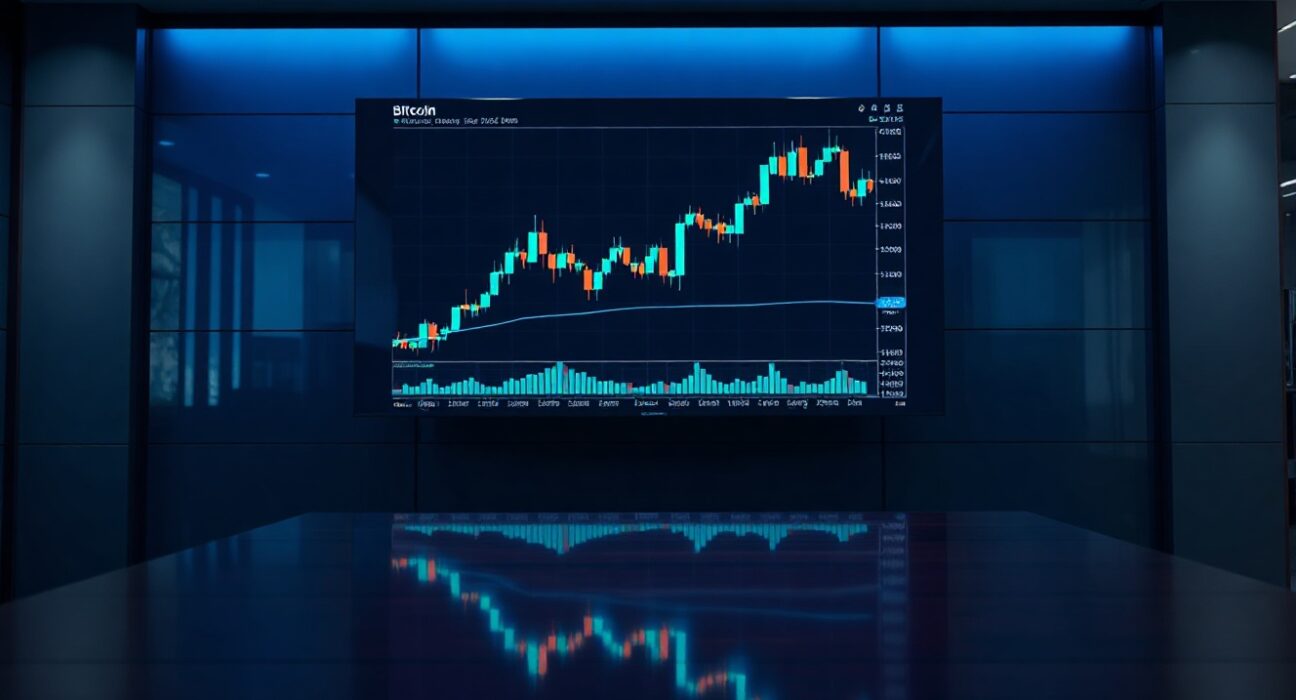 Digital display showing Bitcoin and Ethereum price charts in a modern office setting