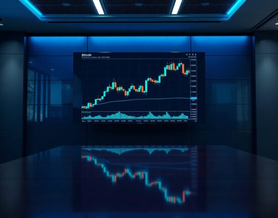 Digital display showing Bitcoin and Ethereum price charts in a modern office setting