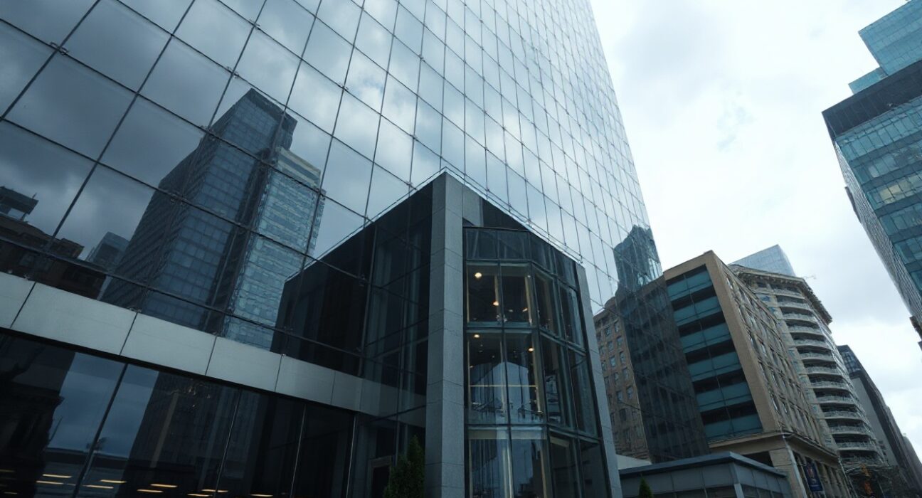 Exterior of a modern financial district office building, representing BlackRock's headquarters, under overcast daylight.