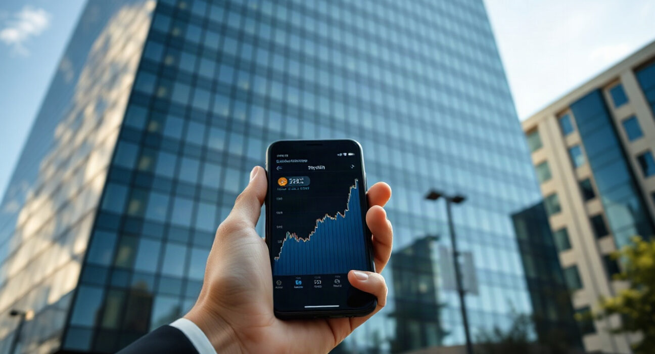 Hand holding smartphone showing Bitcoin price chart with upward trend, with financial district building in background