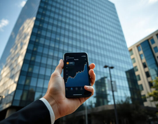 Hand holding smartphone showing Bitcoin price chart with upward trend, with financial district building in background
