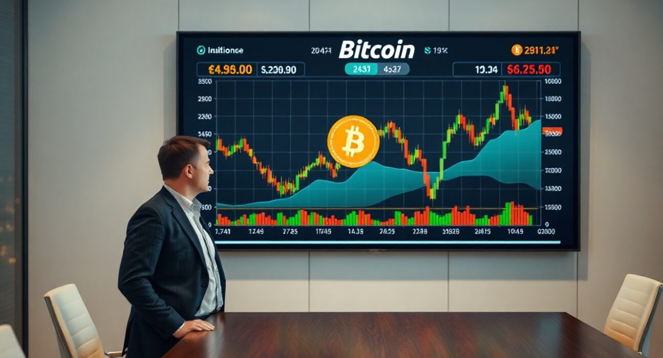 BlackRock executive standing near a digital screen showing Bitcoin and stock market convergence in a modern boardroom
