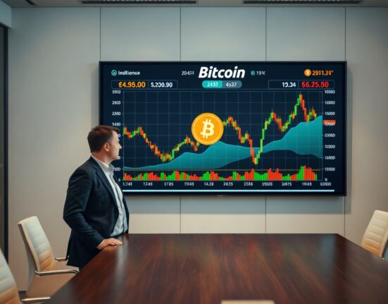 BlackRock executive standing near a digital screen showing Bitcoin and stock market convergence in a modern boardroom